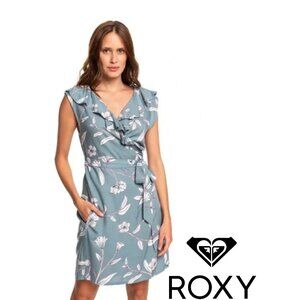 Roxy Gray Floral Ruffle Sleeveless Mini Wrap Dress